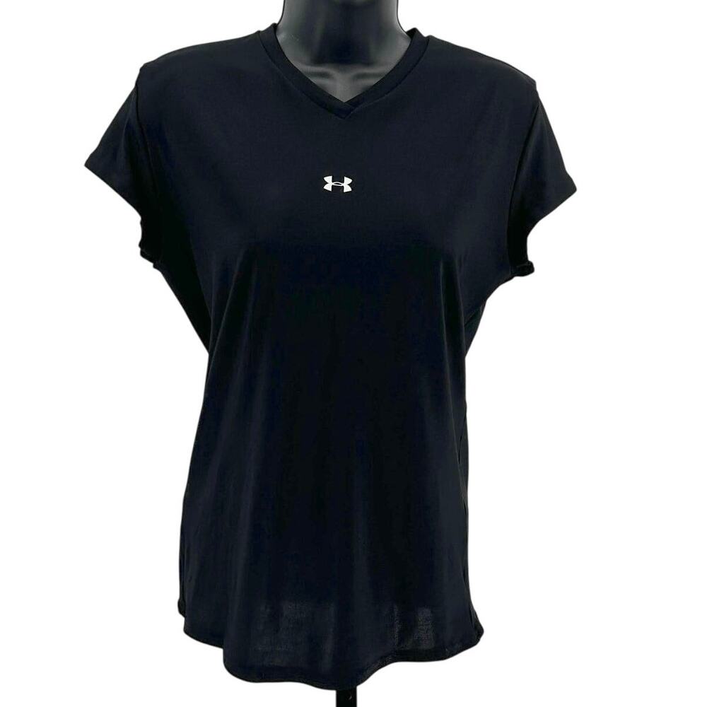 Under Armour Shirt WMNS XL Athletic V-Neck Pullover Black Short Sleeve Stretchy